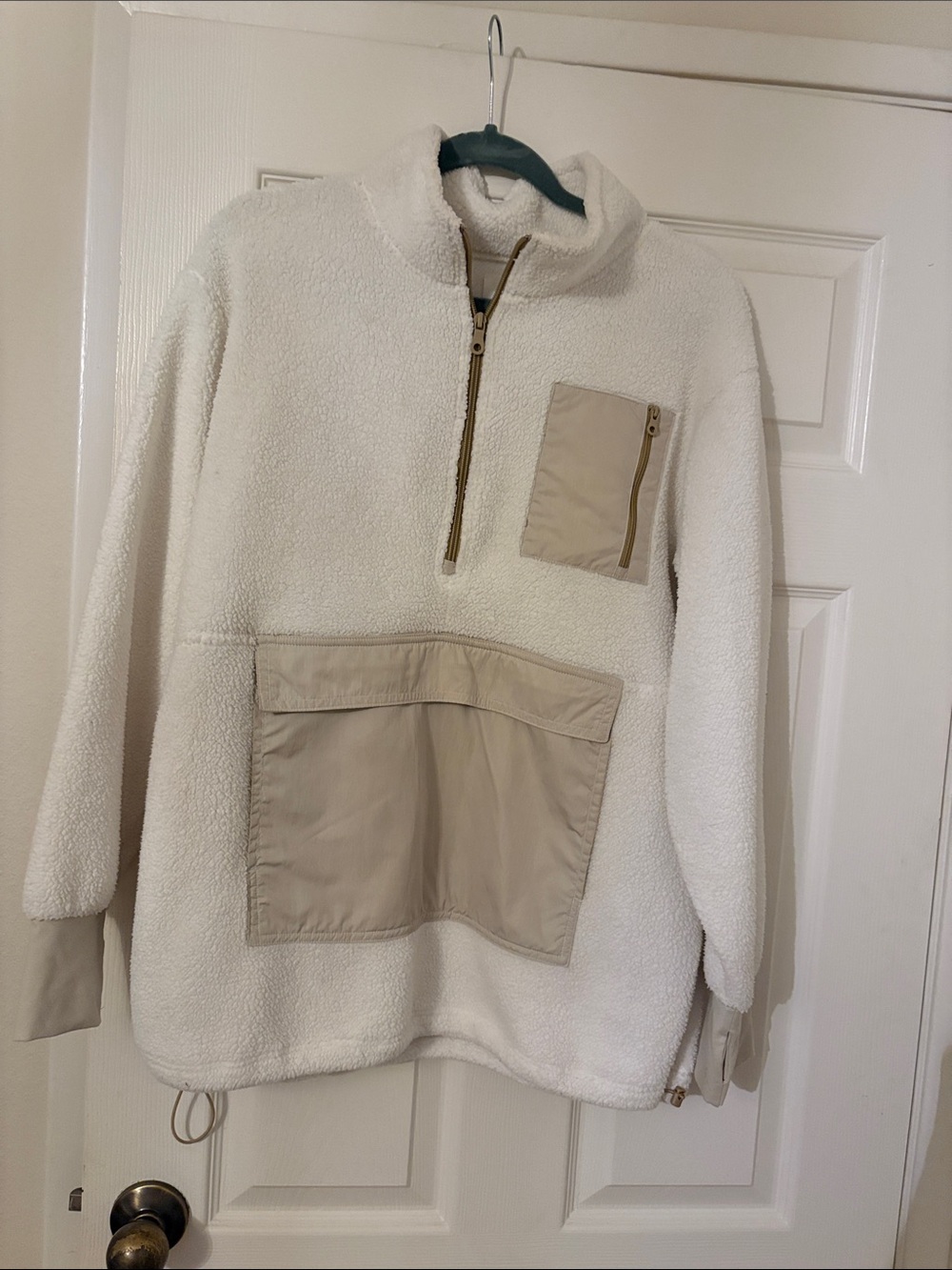 aerie Cream Sherpa Pullover with Beige Pocket Accents